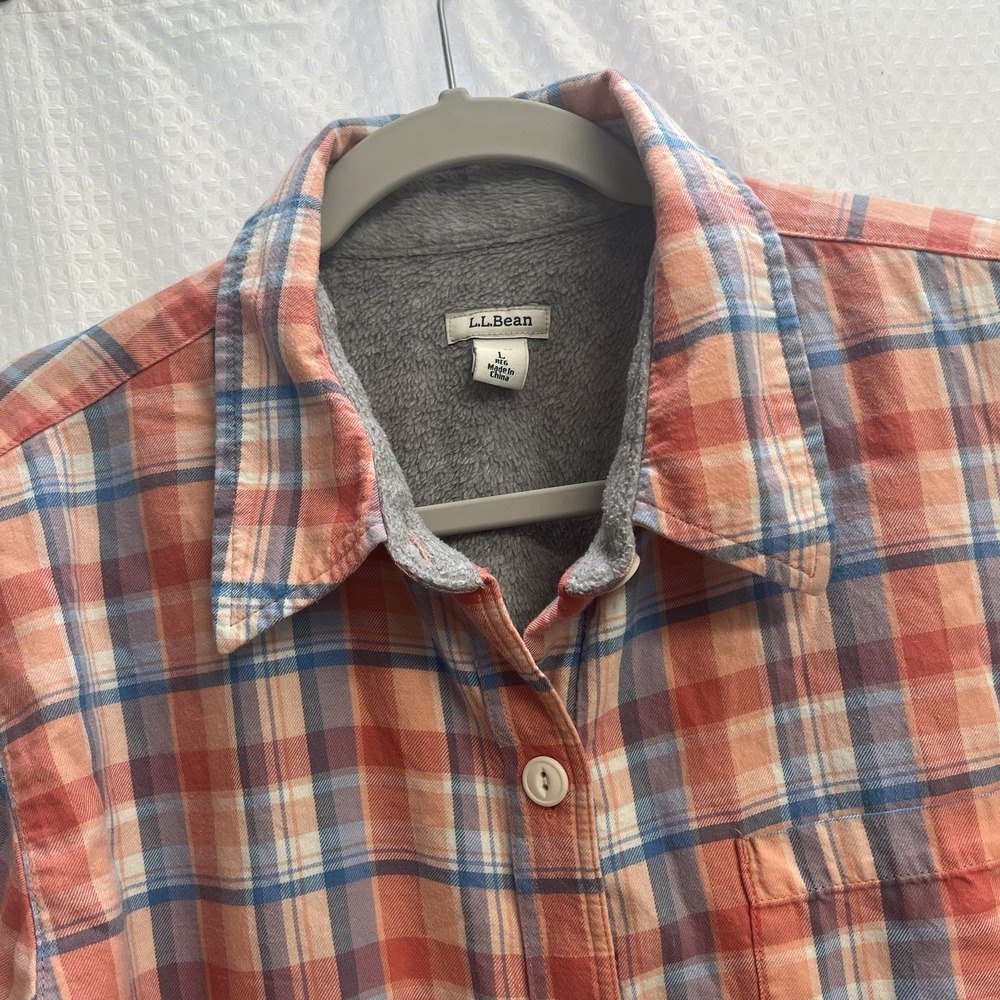 LL Bean Orange Plaid Flannel Fleece Lined Shirt Shacket Outdoor Large Gorpcore
